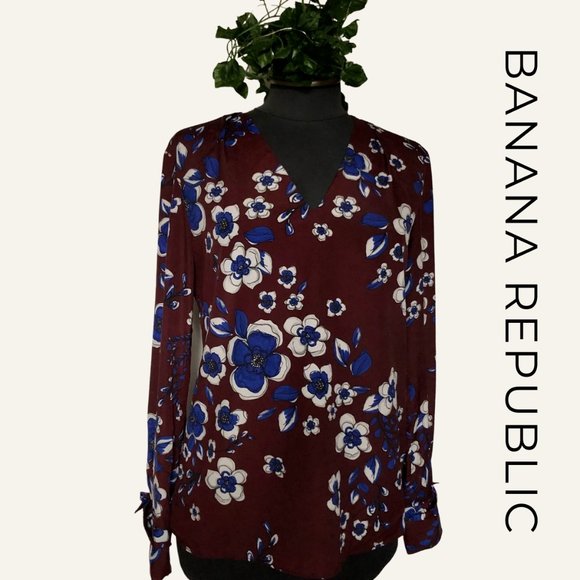 Banana Republic Long Sleeve Maroon & Royal Blue Floral Print Blouse Size Small - Picture 1 of 5